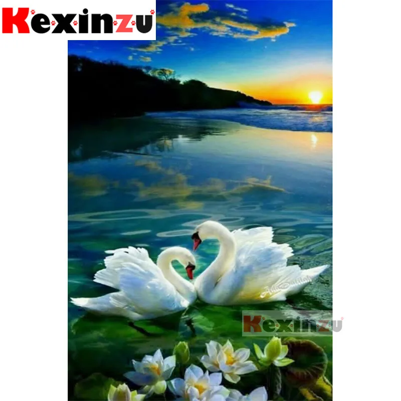 

Kexinzu 5D DIY Full Square/Round Diamond Painting"Lotus Swan Lake"3D Embroidery Cross Stitch handcraft work Home Decor ^@^