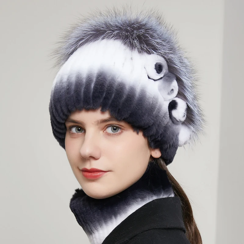 

Handmade Knitted Women 100% Real Rex Rabbit Fur Hat Tp Fox Fur Flowers Caps Winter Warm Luxury Genuine Rex Rabbit Fur Hat