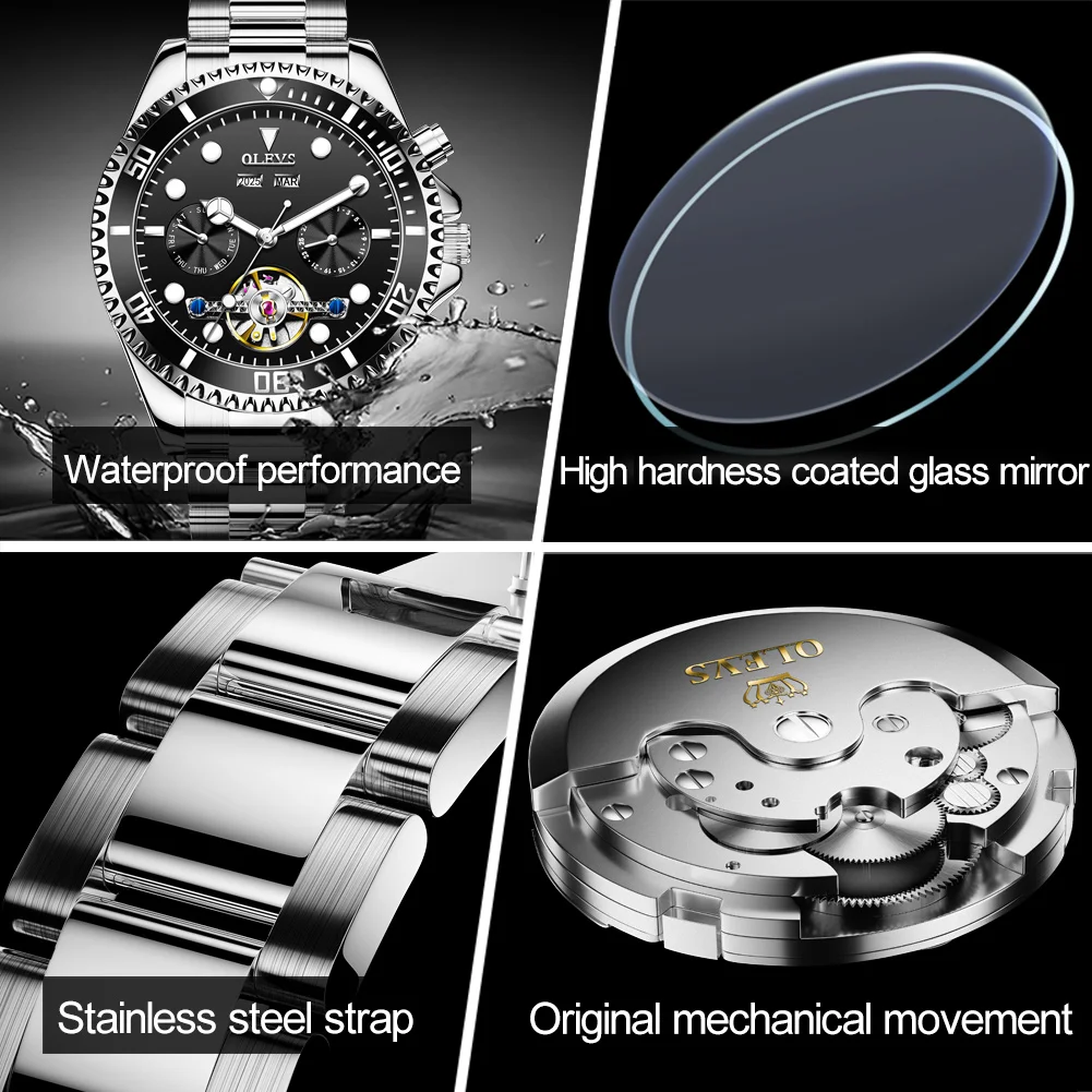 Мужские полностью автоматические механические наручные часы Moon Phase Perpetual Calendar Дата Неделя многофункциональные водонепроницаемые светящиеся деловые часы