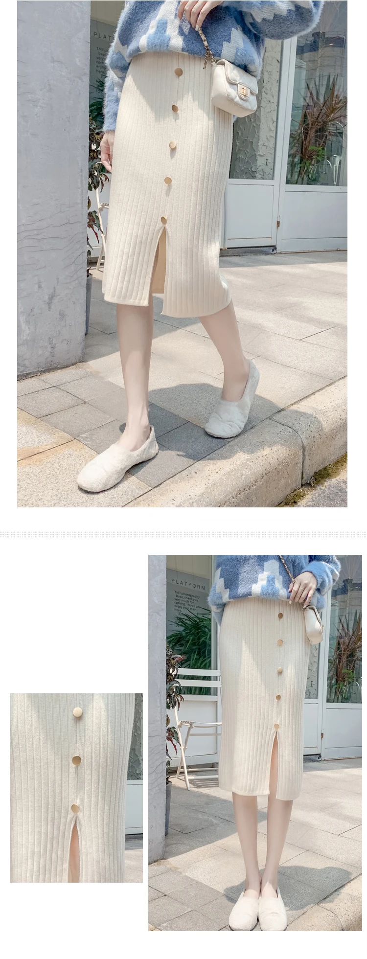 Genayooa Vintage Knitted Skirts Women Split Elegant Midi Skirt Women High Waist Elastic Skirt Pencil Streetwear Fashion