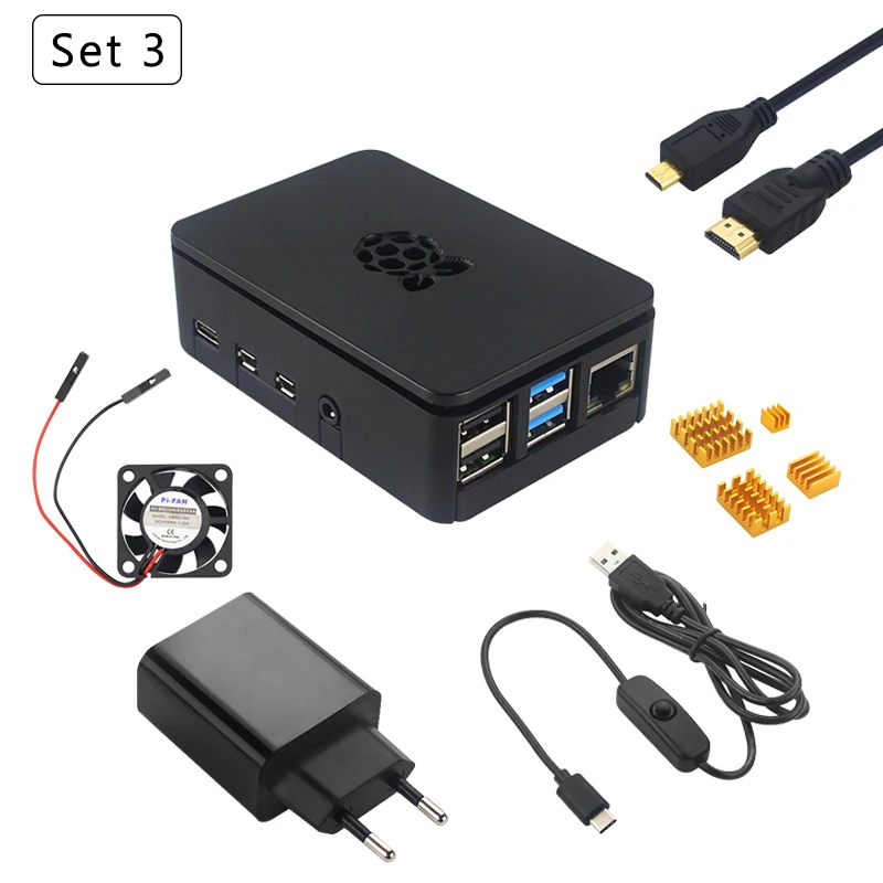 Set 3 Raspberry Pi 4 модель чехол пластиковый корпус ABS корпус коробка с охлаждающим вентилятором радиатор адаптер питания SD карта HDMI кабель для RPI 4 - Цвет: Set 3