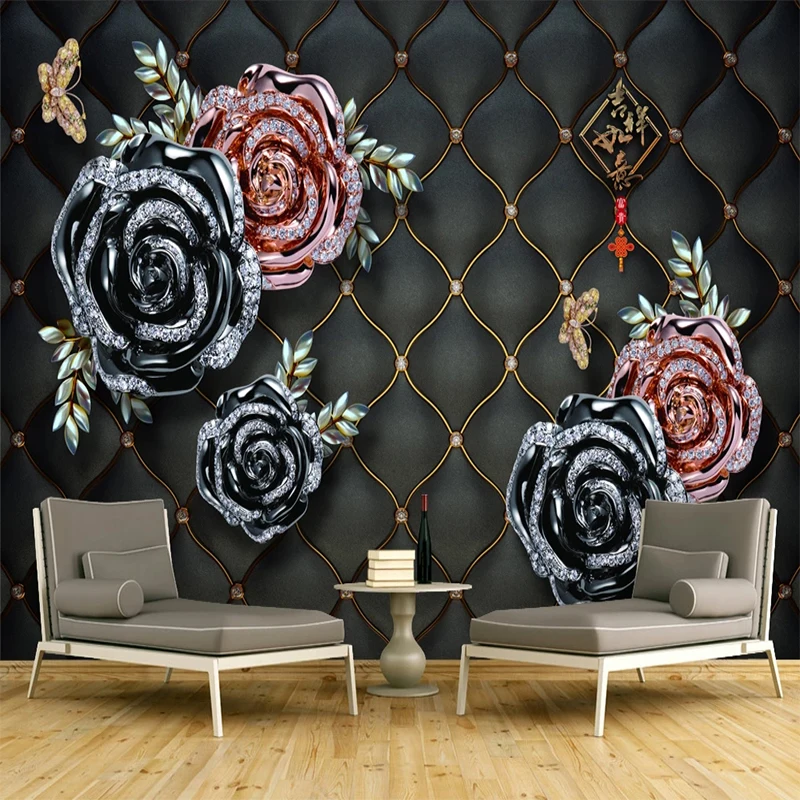 

Drop Shipping Custom Luxury Wallpaper 3D Jewelry Flower Soft Roll Black Photo Wall Murals TV Sofa Home Decor Wall Stickers