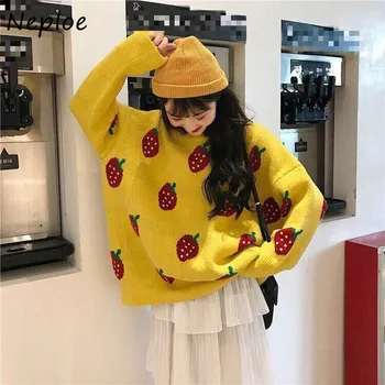 Neploe Women Oversized Sweater Pullovers O-neck Strawberry Pattern Printed Pull Jumpers Long Sleeve Street Knit Tops 1E786 2