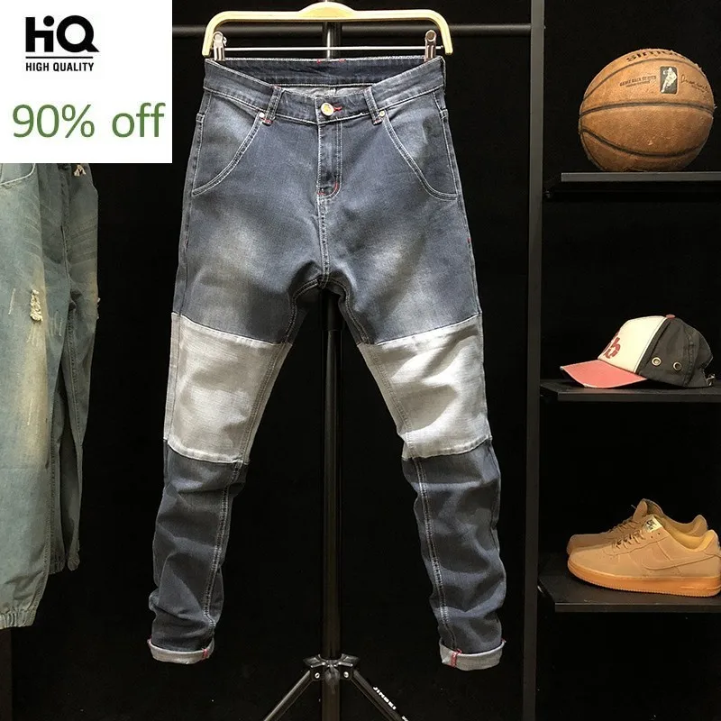 

Spring Autumn Patchwork Jeans Men Plus Size 42 Slim Stretch Straight Leg Long Pants Casual Student Biker Denim Trousers Blue