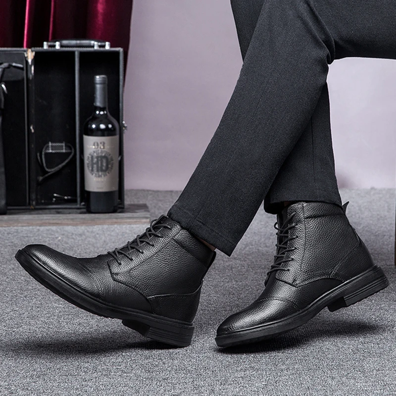 

Plus Size Natural Leather Men Boots With Plush Warm Ankle Snow Boots Outdoor Waterproof Autumn And Winter Boots Shoes