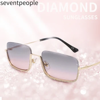 

Half Frame Rhinestone Sunglasses Women Luxury Designer Square Metal Sun Glasses Gradient Lens 2020 New Arrival Shades Eyewear