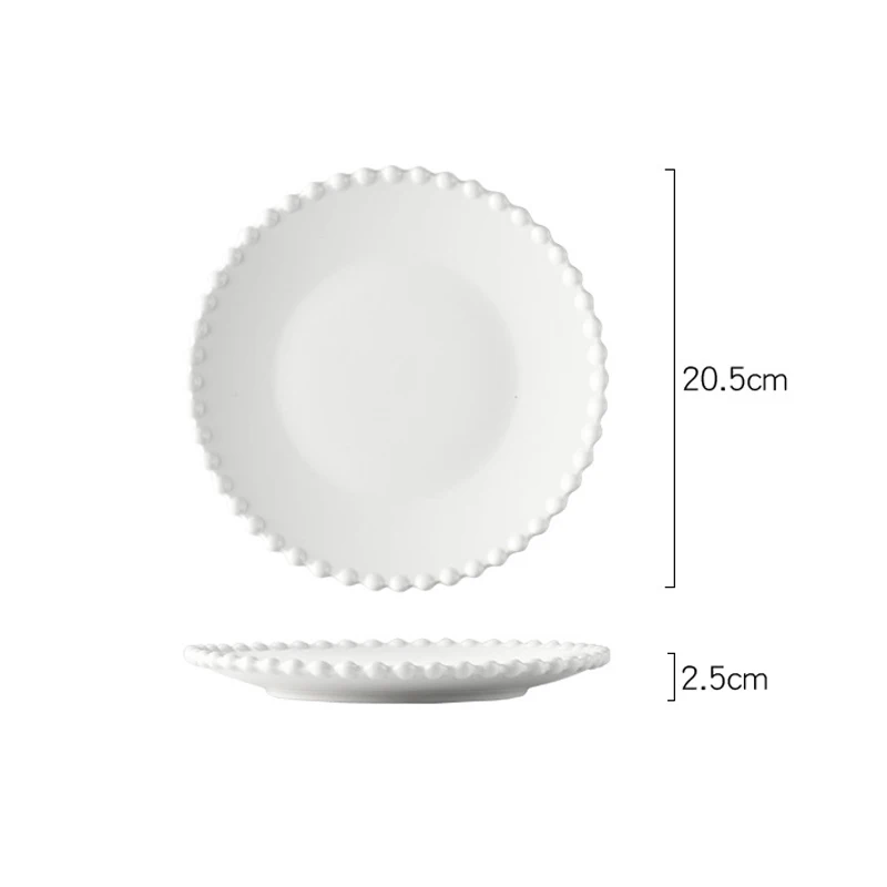 Nordic Creative Pearl-Rim Ceramics Dinnerware Set, Steak Flat Tray, Dessert Plate, Salad Bowl, Beaded Tableware, Round Shape