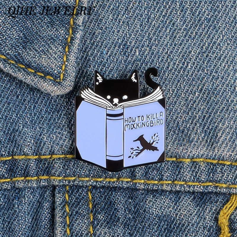 

QIHE JEWELRY Reading Cat Enamel Pin How to Kill A Mocking Bird Pin Literary Masterpiece Badges Brooches for Reading Lover