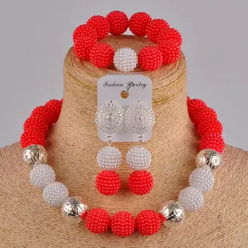 

Majalia Classic Fashion Nigerian Wedding African Jewelry Set Red and White Plastic Necklace Bridal Jewelry Sets