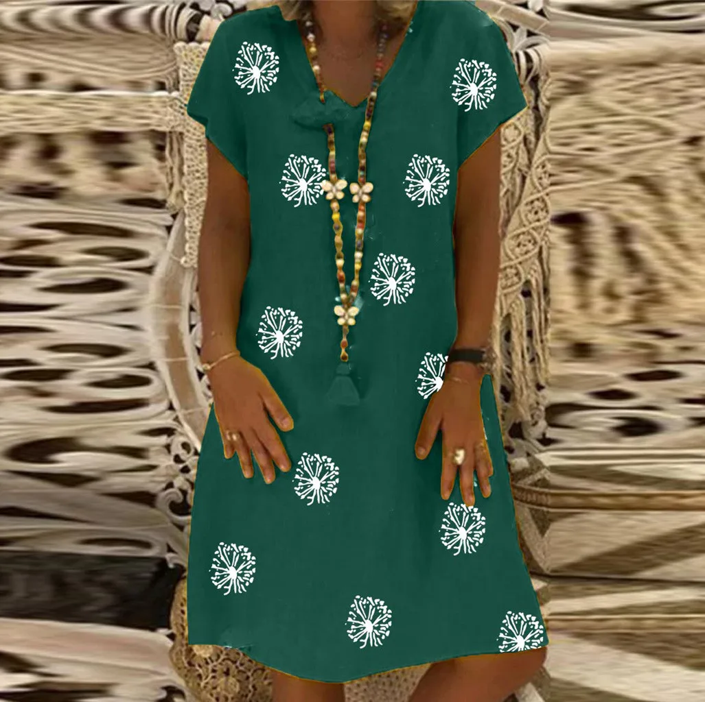 #35 женское хлопковое льняное платье размера плюс свободного покроя с цветочным