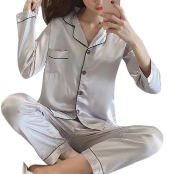 

Womens Faux Silk Pajamas Set Luxury Home Clothes Long Sleeve Sleepwear Solid New