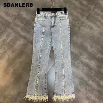 

2019 Autumn New Woman Pearl Beads Tassel Micro-fork Denim Pants Women's Jeans Female Lady High Street Vintage Jeans