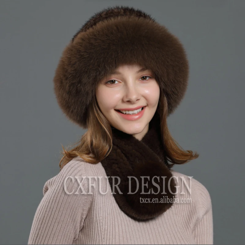 CX-C-99A Luxury Pom Pom Woman Fashion Scarf Real Fox Fur Around Trim Knit Mink Fur Hats