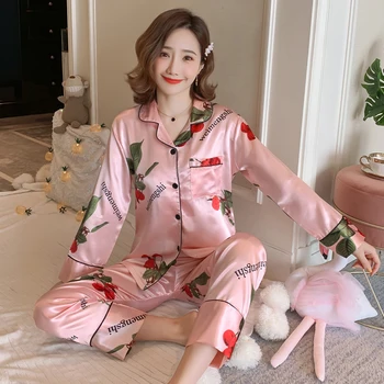 

Women Pajamas Sets Faux Silk Satin 2 Piece Autum Femme Long Sleeve Sleepwear Suit Female Homewear Nightwear Pijamas Lounge Wear