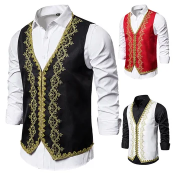 

Men European Style Gold Inlaid Formal Dress Palace Installed Studio Clothing Black And White Opera Costumes Waistcoat Mj34