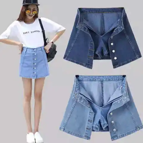 

Spring And Summer High-waisted Anti-Exposure A- line Denim Skirt Single Breasted Skirt