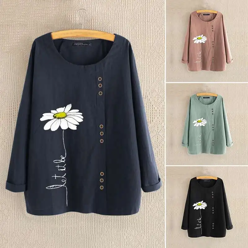  Women Autumn Cotton Blouse 2019 ZANZEA Elegant Daisy Printed Tops Casual Long Sleeve Shirts Female 