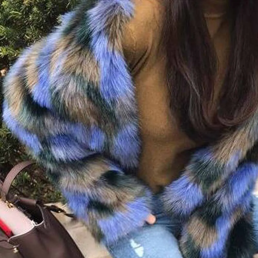 ANSFX, корейское длинное мохнатое пальто из искусственного меха синего контрастного цвета, стильная Женская Толстая теплая куртка с длинным рукавом, верхняя одежда, топы