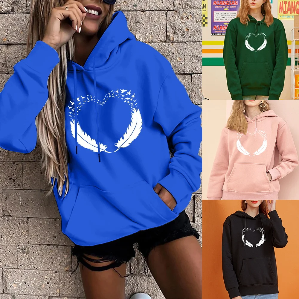 Fashion Women's Loose Hoodie Autumn Casual Hedging Love Feather Print Ladies Harajuku Oversized Pocket Hoodies Sweatshirt