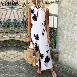 Макси платье 2019 VONDA летнее модное женское платье Плюс Размер без рукавов платье с принтом халат для женщин, повседневный свободный стиль