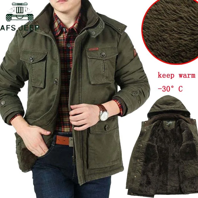

AFS JEEP Brand Thick Winter Parkas men Plus Size 7XL 8XL Military Winter Jacket Men Outwear Fleece Cotton Parkas Outdoors Coats