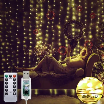 

3 * 3M300LED Curtain Lighting Chain 8 Feature USB Remote Control Copper Wire Lamp String Stars Room Decoration