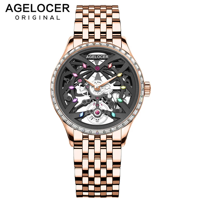 

AGELOCER Swiss Watches Women Top Brand Sapphire Mechanical Black Diamond Gold Watch Waterproof 36mm Ladies Watches Reloj Hombre