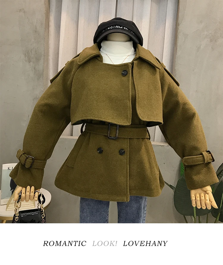 Autumn Winter New Woolen Coat Women's Loose Waistband Tweed Jacket Ladies Wool Blend Overcoat Outwear Student Windbreaker