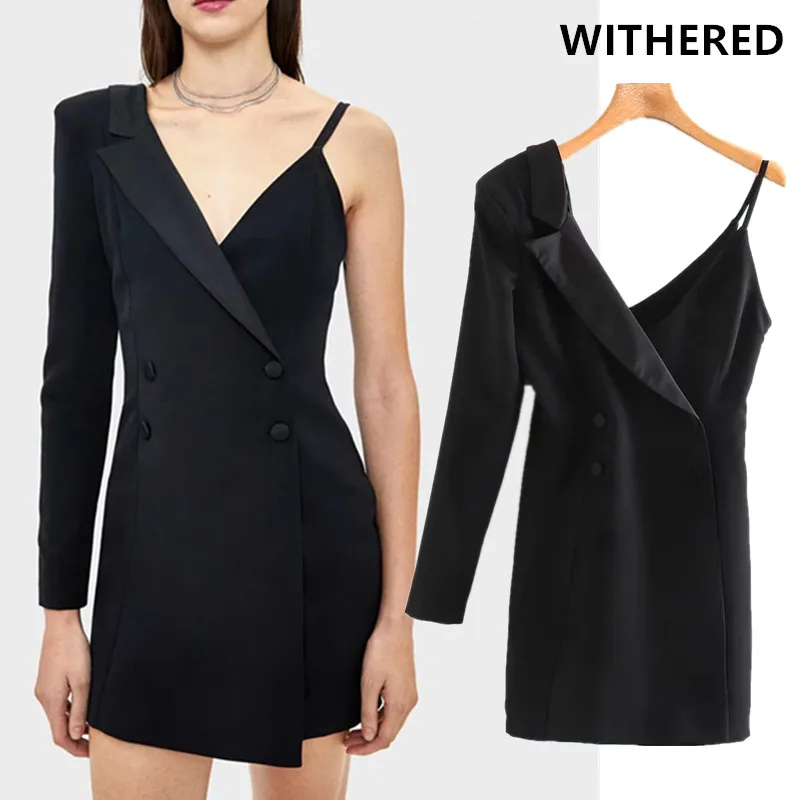 

Withered england office lady double breasted Asymmetry sexy party mini dress women vestidos de fiesta de noche vestidos blazers