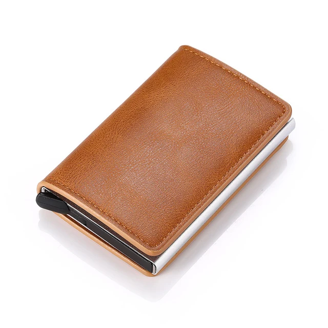 Rfid Safe Anti-theft Smart Wallet Thin ID Cards Holder Unisex Automatically Solid Metal Bank Credit Cards Holder Business Purse Brown