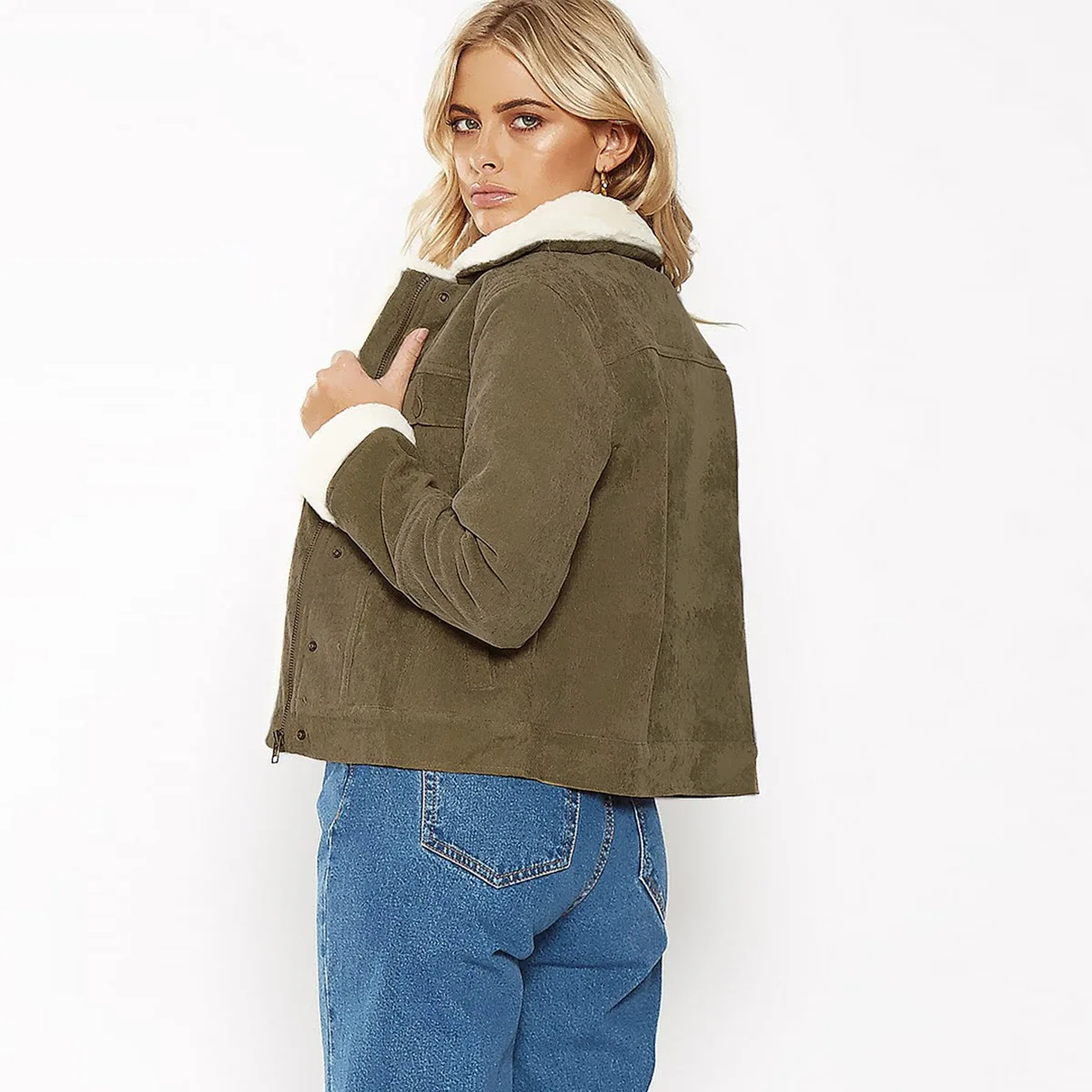 

European And American-Style Army Green Corduroy Single Row Metal Buttons Fold-down Collar Hair Short Zipper Jacket Hot Models