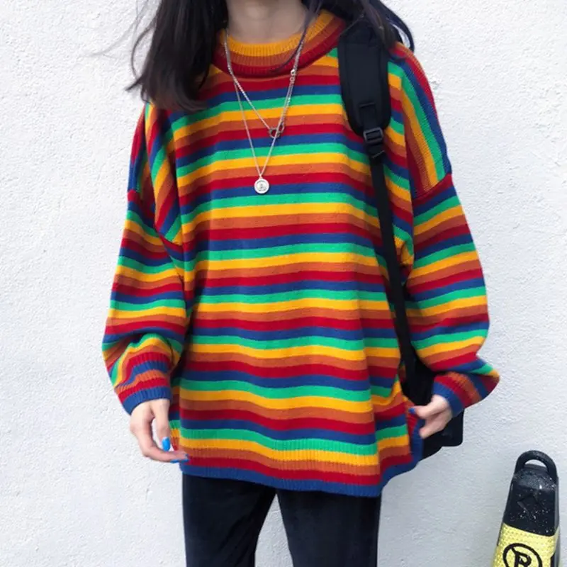 Women Teens Autumn Long Sleeve Knit Sweater Korean Harajuku Rainbow Stripes Patchwork Loose Jumper Hip Hop Pullover Tunic Tops
