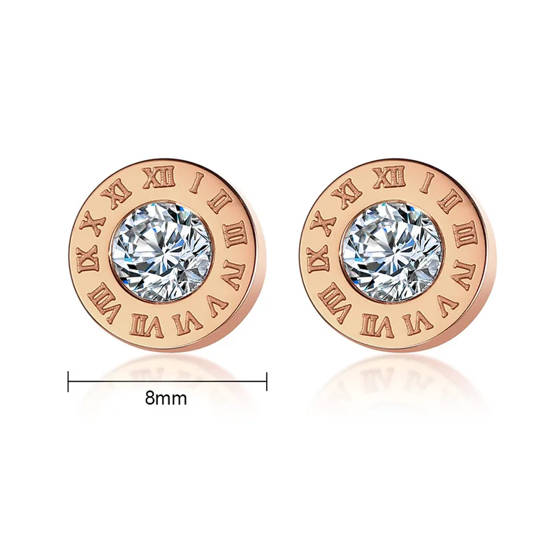 316 stainless steel zircon earrings round luster 8MM diameter Roman numerals ladies high quality jewelry VE787 | Украшения и
