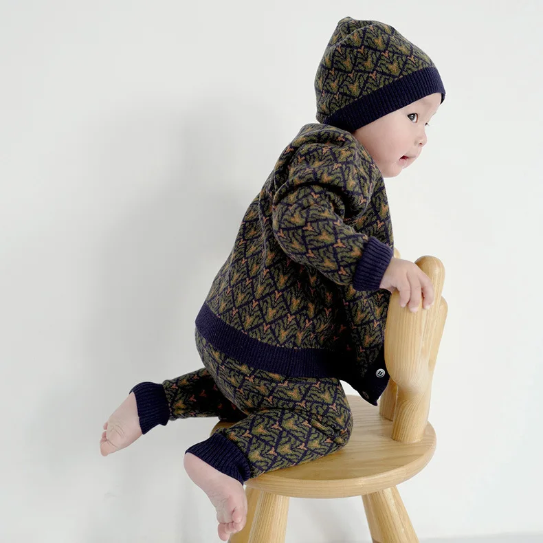 INS/осенне-зимний детский комплект со свитером для мальчиков и девочек, свитер в стиле ретро кардиган, шерстяные штаны в английском стиле детский вязаный свитер