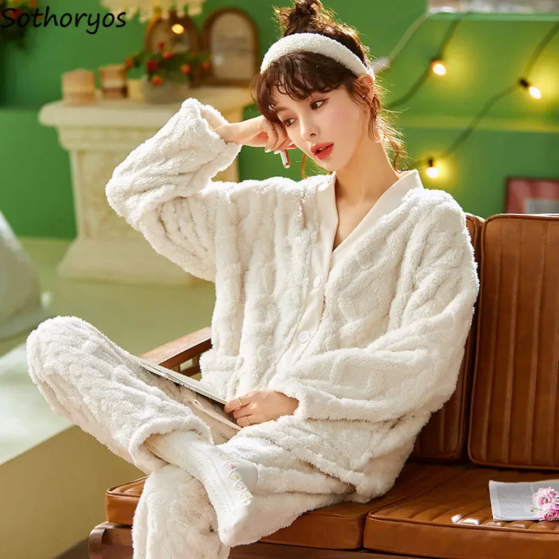 

Winter Flannel Pajama Sets Women V-neck Warm Thicken Korean Fashion Coral Fleece Pyjamas Lounge Solid Plush Sleepwear Sweet Chic