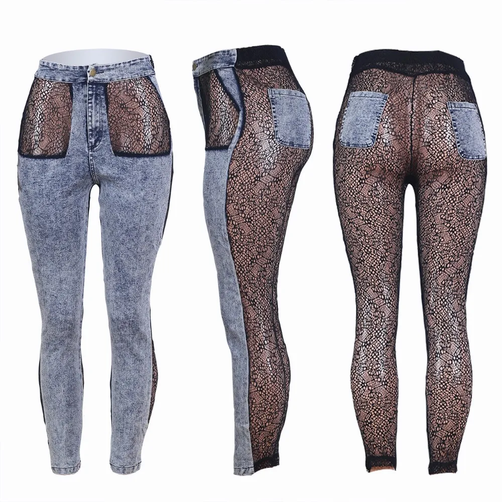 Лидер продаж, прозрачные сетчатые прозрачные лоскутные джинсы для женщин, высокая талия, узкие брюки, высокая уличная мода, джинсовые длинные штаны DNK055