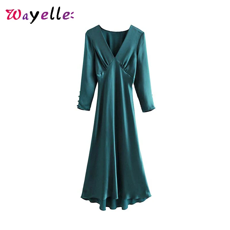 

Sexy Party Club Dress Women 2019 Autumn Elastic Waist Cozy Solid Long Sleeve Dress V Neck Fashion Elegant Mid-calf Dresses
