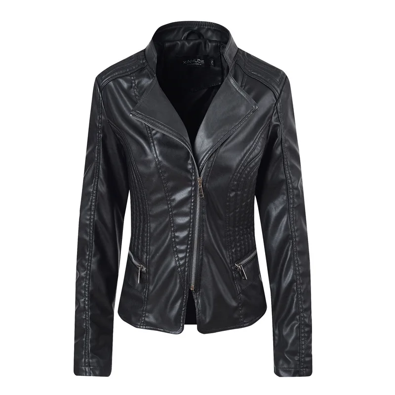 Women Classic Moto Biker Jacket New Loose PU Faux Leather Jacket Spring Autumn Lady Basic Coat Plus Size Outerwear - Цвет: black