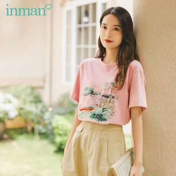

INAMN 2020 Summer New Arrival O-neck Loose Cotton All-match Vintage Literary Print Short Sleeve T-shirt