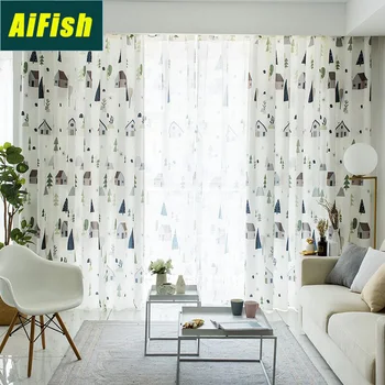 

Printed Curtain Window Screen Simple Modern Cartoon House Big Tree Flowers Suitable Living Room Bedroom Children's RoomM054
