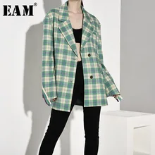 [EAM] Свободная приталенная зеленая клетчатая куртка большого размера, новинка, Женское пальто с отворотом и длинным рукавом, модное осенне-зимнее пальто JR6760