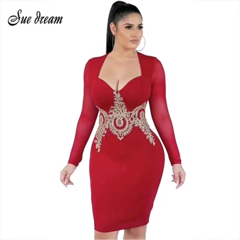 

2020 Summer New Women'S Black Red Long Sleeve Knee Long Bandage Dress Sexy Elegant Bodycon Club Celebrity Party Dress Vestidos