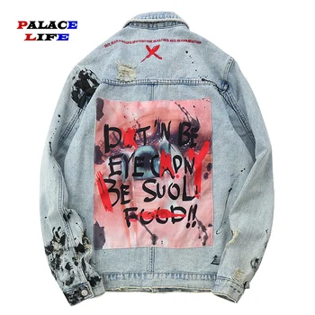 

Autumn Hip Hop Mens Windbreaker Graffiti Denim Jackets Vintage Loose Track Jacket Coats Streetwear Chaqueta hombre