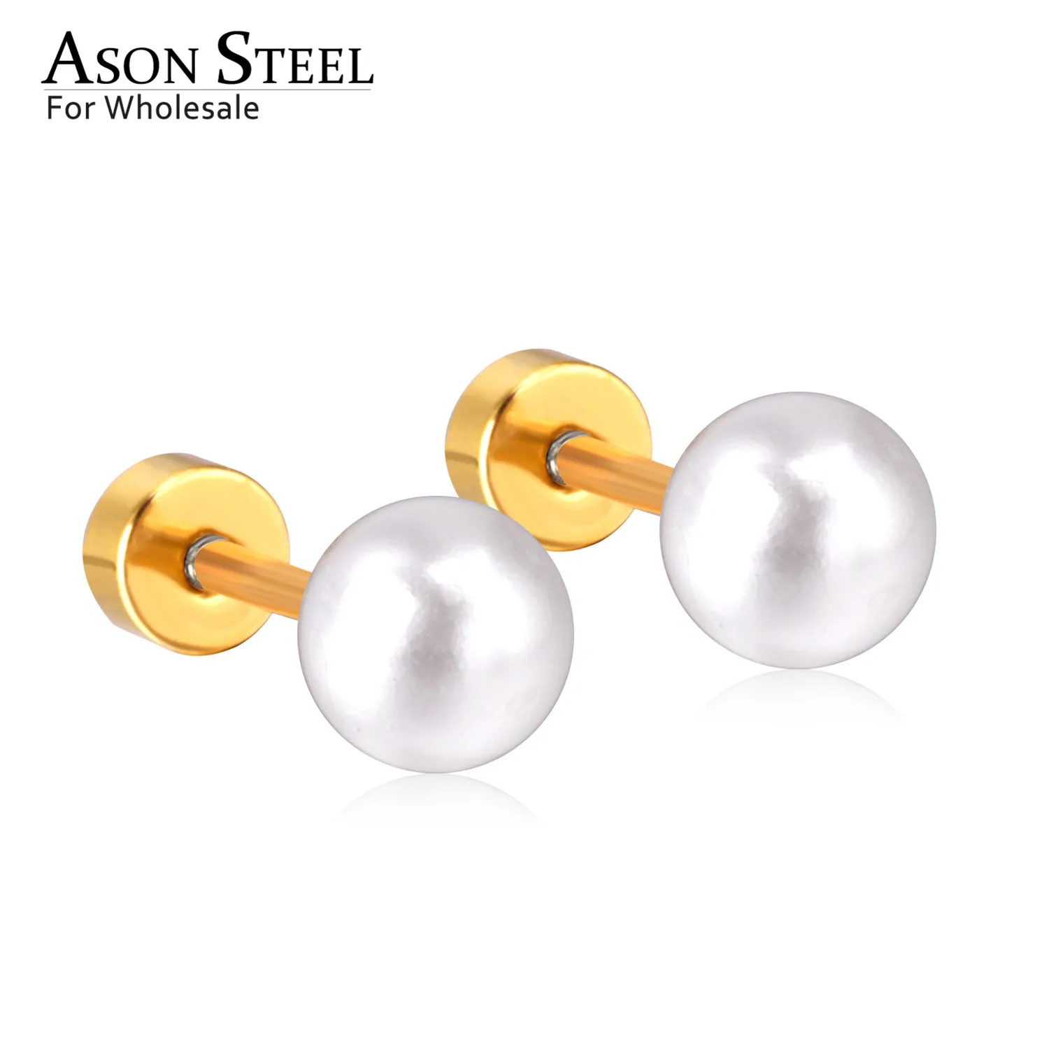 Gold ASON стальные серьги для девочек, имитация жемчуга, 6 мм, серебро/золото, серьги-гвоздики, милый стиль, аксессуары из нержавеющей стали - Окраска металла: Gold