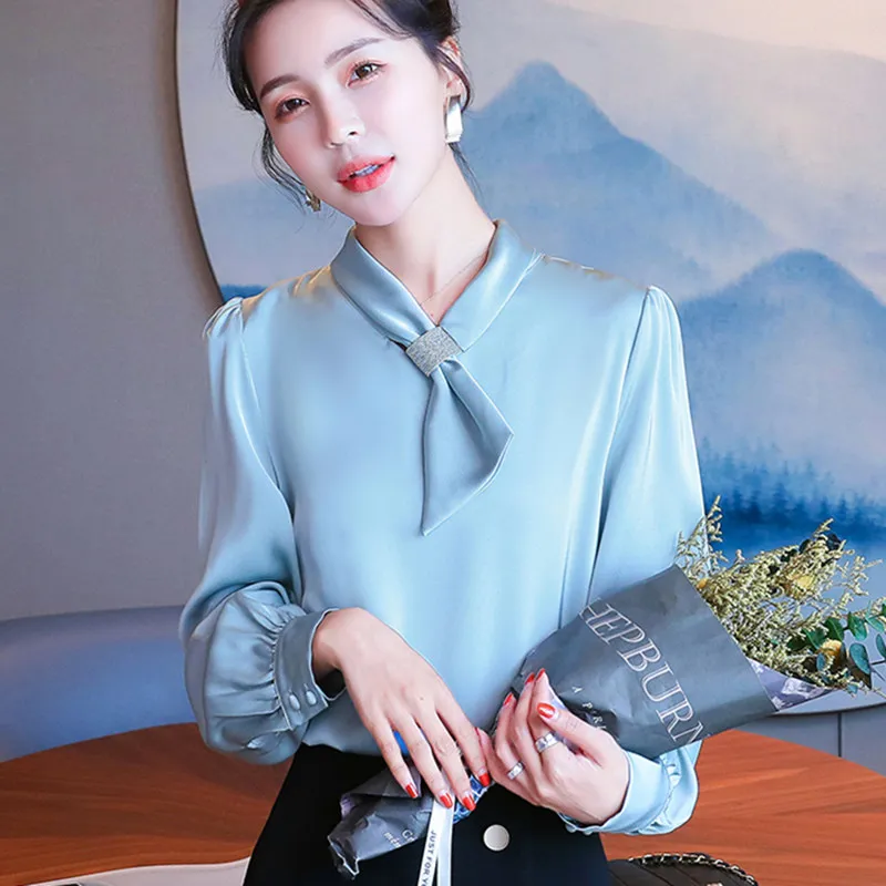 

Korean Silk Blouses for Women Satin Silk Blouse Elegant Women Long Sleeve Shirts Ladies Tops Plus Size Blusas Mujer De Moda 2020