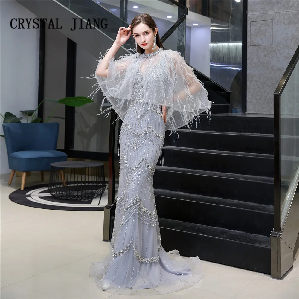 

New Fashion 2020 Sexy V Neck Feather Evening Dress Heavy Beaded Trumpet Party Gown with Jacket Long Evening Dresses