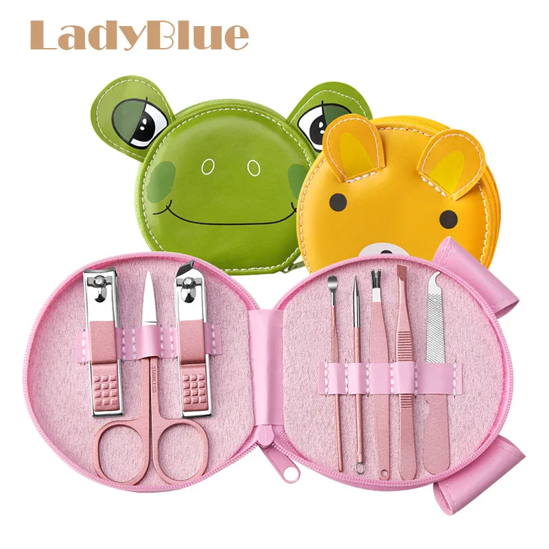 

8pcs/set Cartoon Design nail nipper nose&eyebrow scissor tweezers manicur pusher blackhead remover tool polish block Ear pick