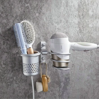 

Wall Shelf Storage Hairdryer Holder Hanger Gadgets Bathroom Wall-Mounted Hair Dryer Rack Space Aluminum Silver Kitchen Organizer
