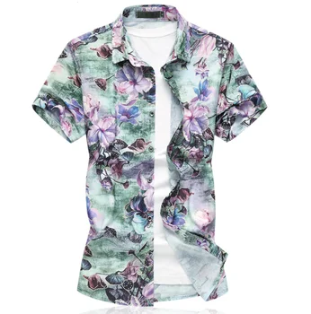 

Business Casual Shirts Flowers Short Sleeve Fashion Chinese Style Summer Men Large Size Elastic Thin 7XL 6XL