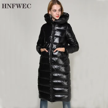 

2020 Black Shine Anti-season Special Offer Knee Hooded Down Jacket Women's Long Patent Leather Coat F093